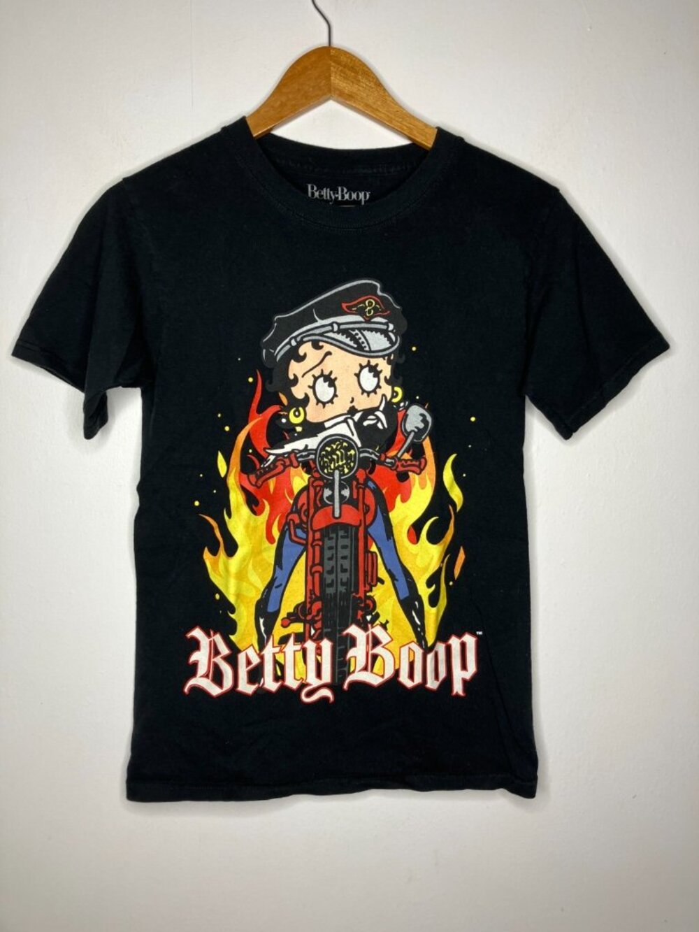 Betty Boop Biker T Shirt Black Flames Graphic Short Sleeve Men’s Small